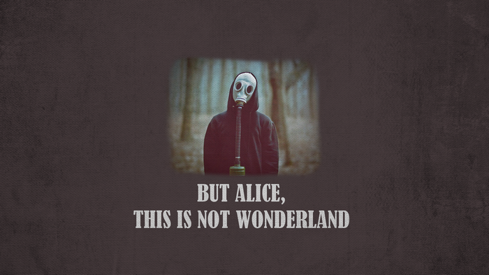 Alice in Wonderland gas mask in forest