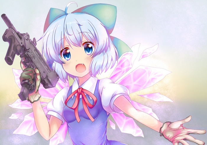 Cirno from Touhou holding a gun