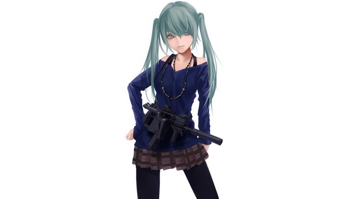 Anime girl with Hatsune Miku hairstyle holding a Kriss Vector