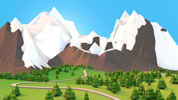 Low poly snow-capped mountains and forest landscape