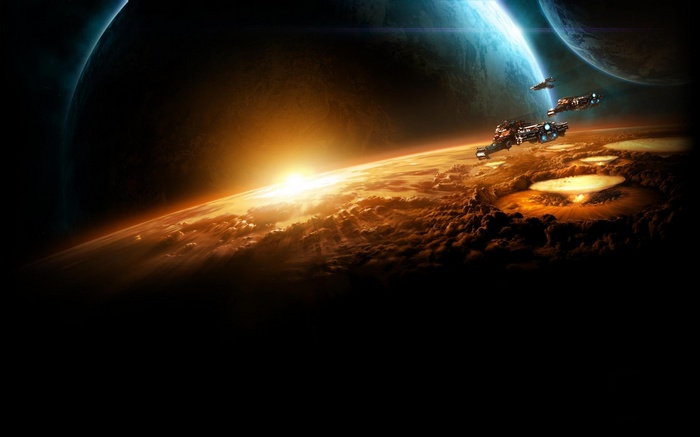 Starcraft II Spaceships over a War-Torn Planet
