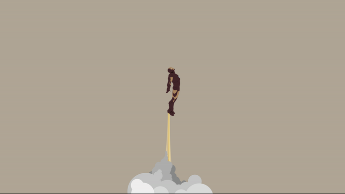 Minimalist Iron Man flying with jet propulsion