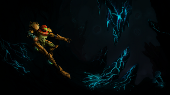 Samus Aran in a dark, alien environment