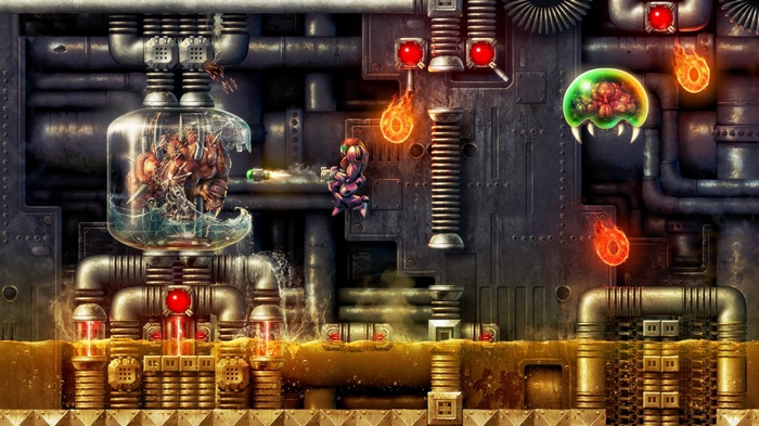 Samus Aran battles creatures in a metallic industrial environment