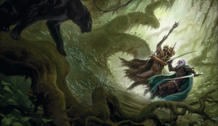 Drizzt DoUrden and Guenhwyvar fight in a forest
