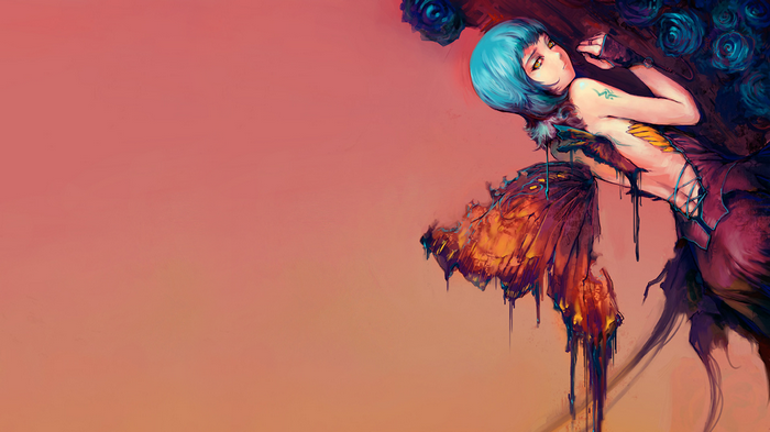 Anime girl with blue hair and butterfly wings