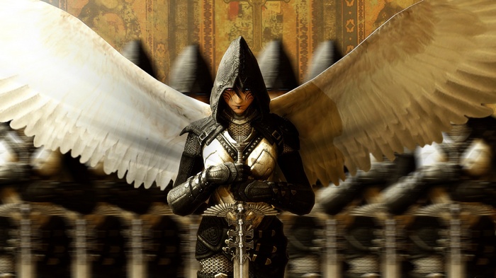 Fantasy angel warrior with sword and wings