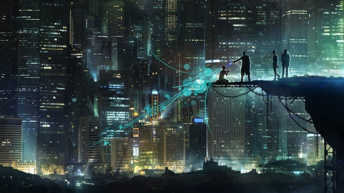 Sci-fi cityscape with figures on a platform