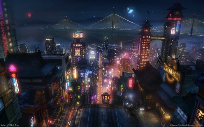 San Fransokyo at Night with a Tram