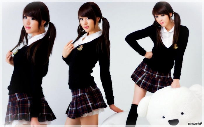 plaid, women, skirt, twintails, school uniform, Asian, Hwang Mi Hee, model, collage