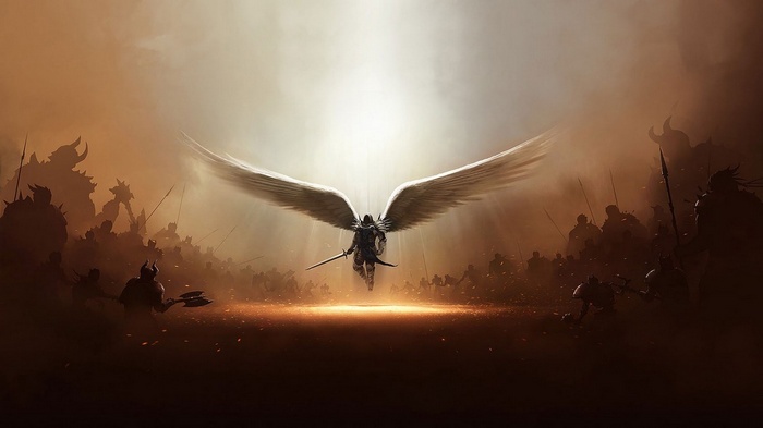 Tyrael with wings in a battle against demons