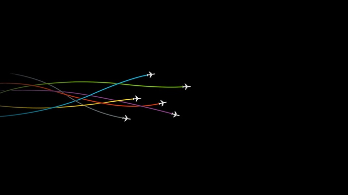 Minimalist digital art of airplanes on colorful trails