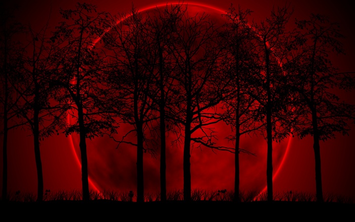 Silhouetted trees against a red moon