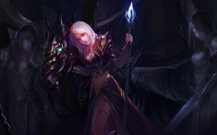 Jaina Proudmoore with a horse and shadowy figures