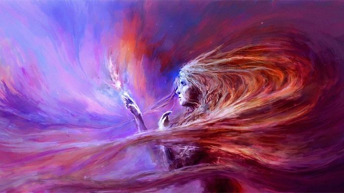 Abstract fantasy art of a woman with colorful flowing hair