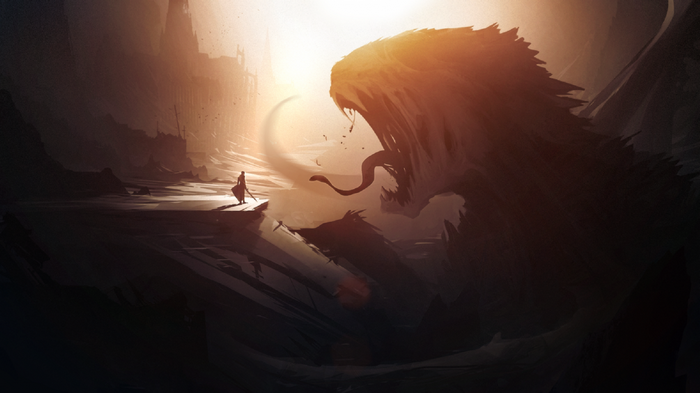 Warrior faces a giant serpent creature in a desolate landscape