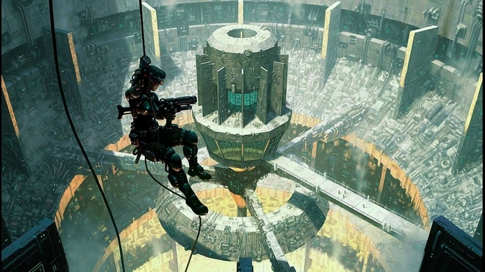 Ghost in the Shell character rappelling in futuristic city