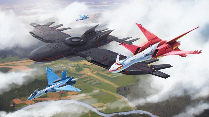 Anime jets flying over a landscape