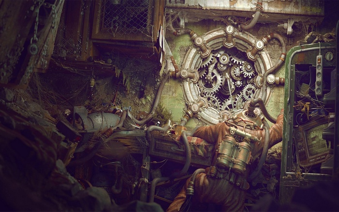 Steampunk diver in a cluttered workshop with gears