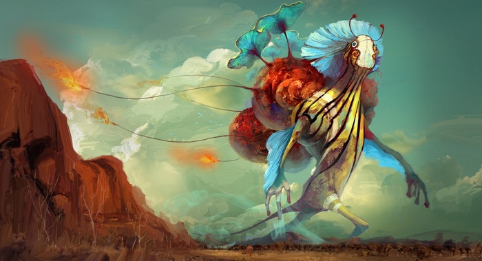 Fantasy creature with red orbs and blue leaves