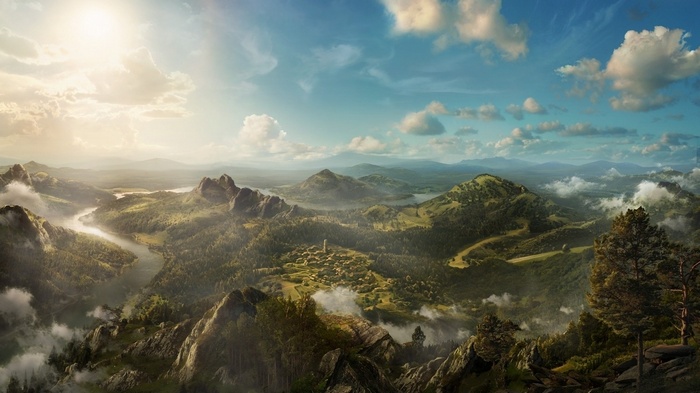 Fantasy landscape with river, mountains, and a village