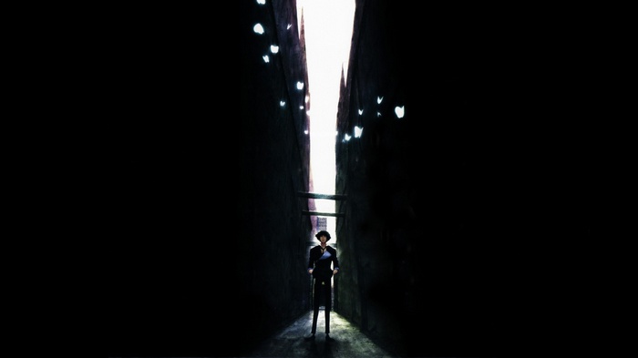 Spike Spiegel in a narrow alley with butterflies