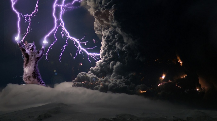 Cat wielding lightning during volcanic eruption
