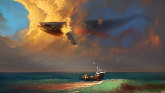 Whale emerging from fiery clouds over a shipwreck