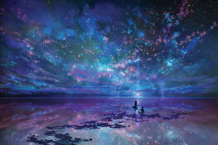 night, anime, sky, stars, nebula, space, reflection