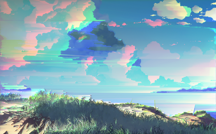 Glitch art landscape with pixel sorted clouds and ocean
