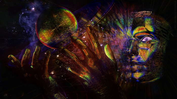 Psychedelic Space Art with Hands, Planet, and Face
