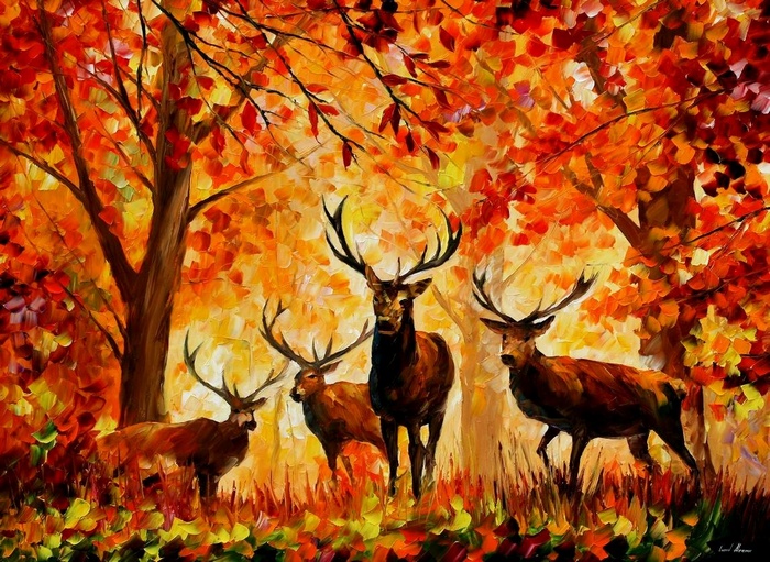 Four deer in an autumn forest by Leonid Afremov