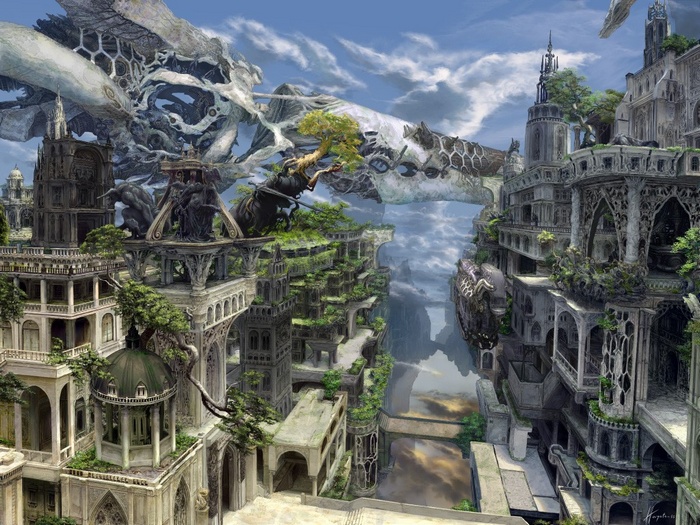 Fantasy city with ancient architecture and organic structures