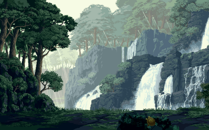 Pixel art forest with waterfalls and a turtle