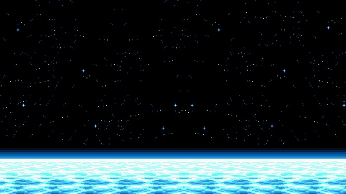 Pixel art of a starry night sky over a blue ocean
