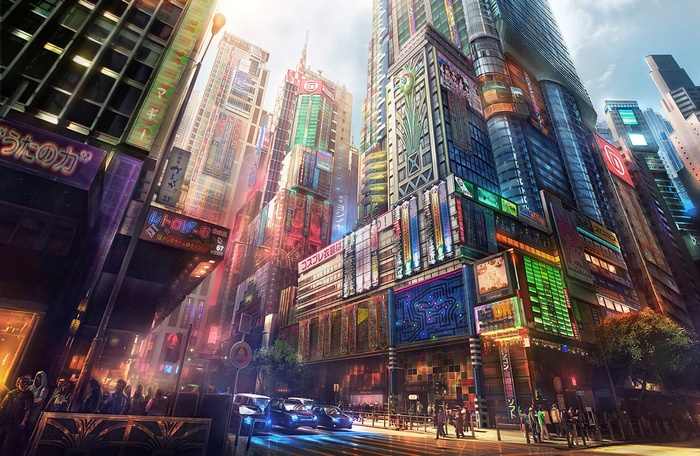 Colorful futuristic cityscape with neon signs and skyscrapers