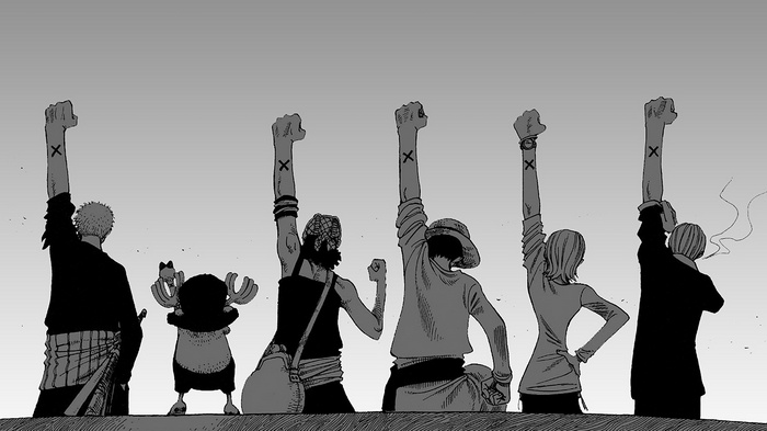 One Piece characters raise their arms with X marks