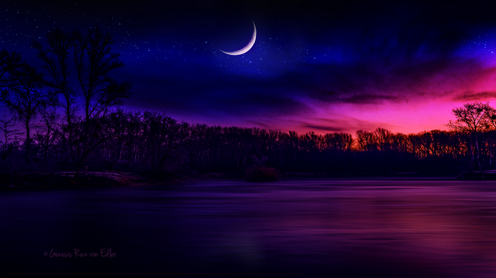 landscape, digital art, sky, nature, moonlight, water, Moon