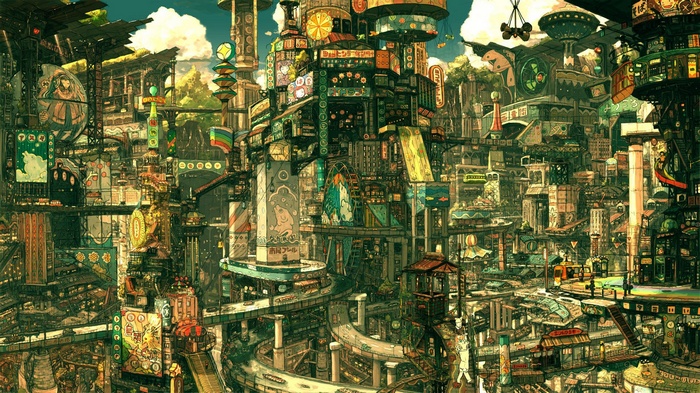 Anime cityscape with towering buildings and signs