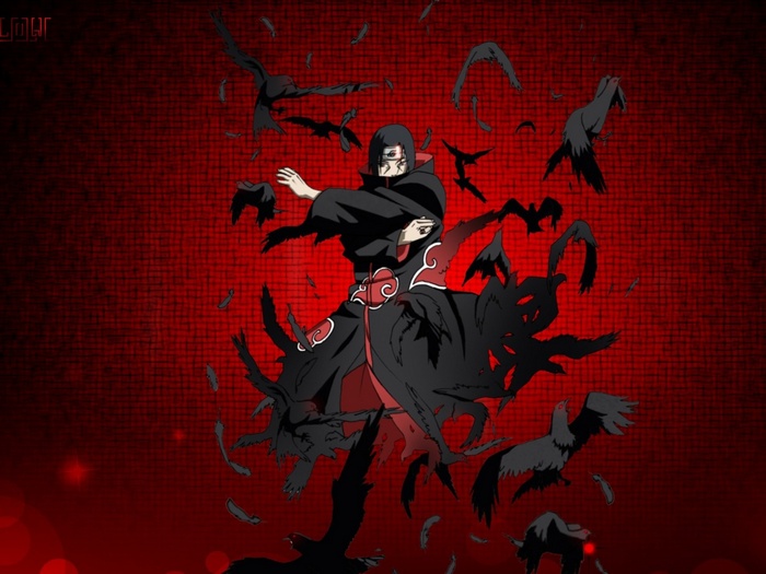 red background, Akatsuki, anime boys, Uchiha Itachi, anime, Naruto Shippuuden, raven