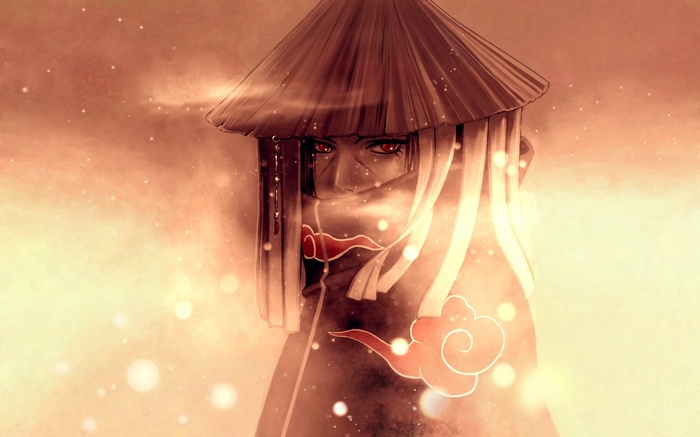 Uchiha Itachi wearing a conical hat with Akatsuki cloak