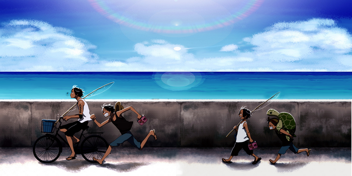 One Piece characters fishing by the sea with a turtle