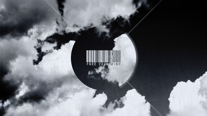 Monochrome digital art with barcode and clouds