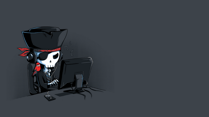Skeleton pirate with parrot using a computer