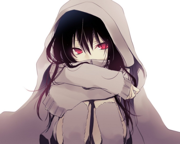 Anime girl with black hair and red eyes wearing a hood