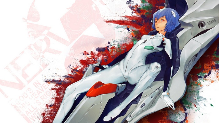 Ayanami Rei in a white plugsuit with a mech