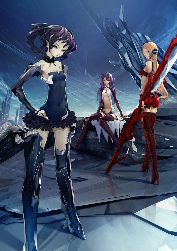 Anime girls with futuristic armor and weapons