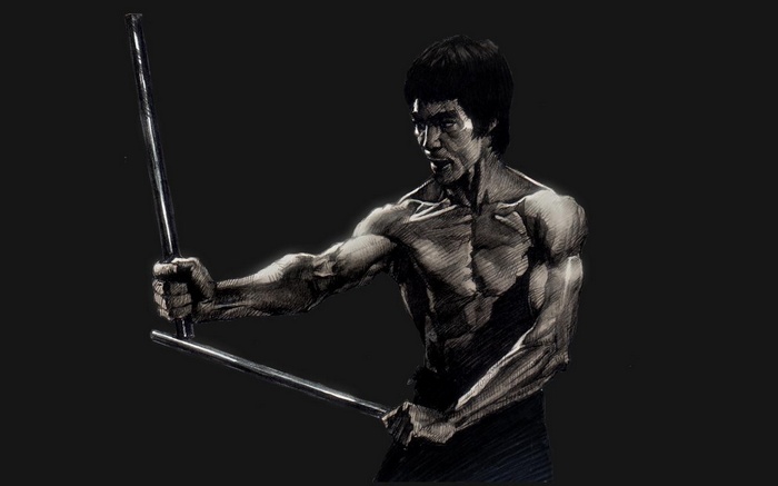 Artwork of Bruce Lee holding nunchucks