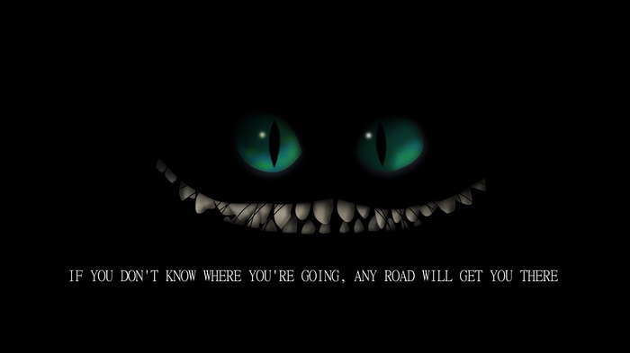 Cheshire Cat with quote on black background