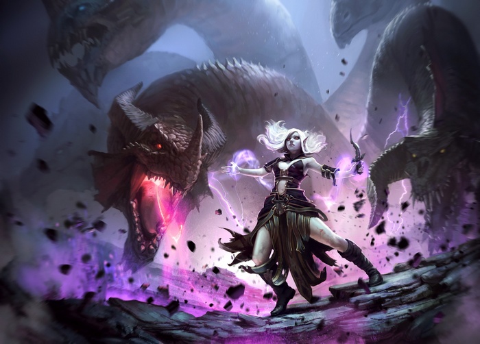 Tiamat and a sorceress casting spells